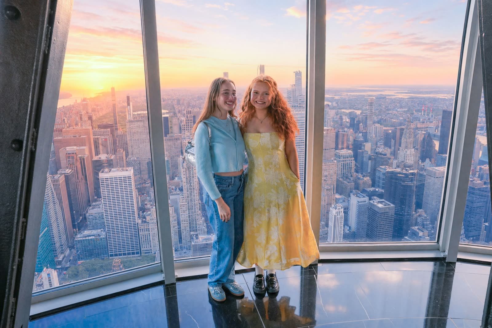 Dos amigas posan en el piso 102 con Manhattan al atardecer