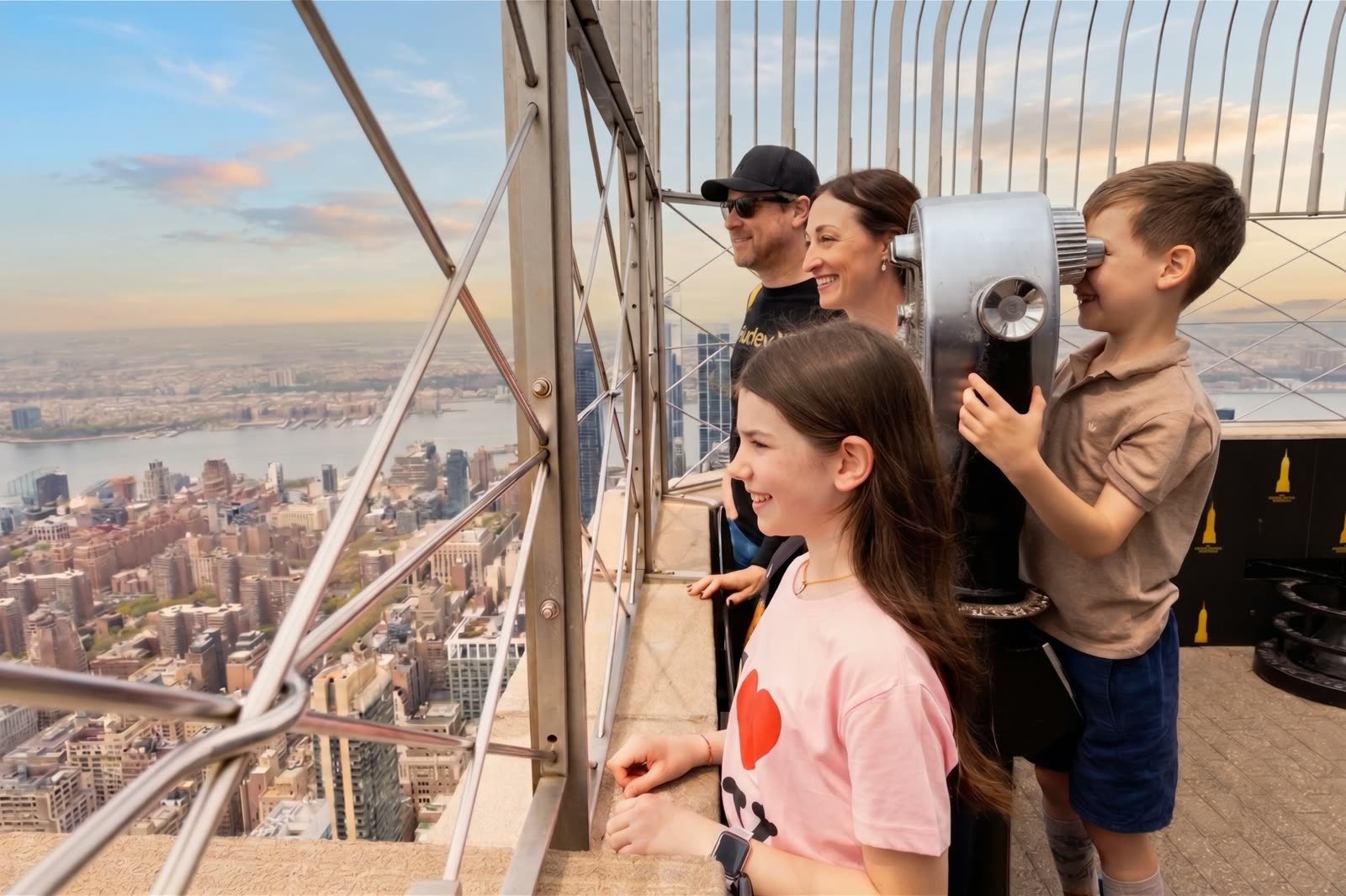 Una familia mira la ciudad al atardecer con los visores del piso 86