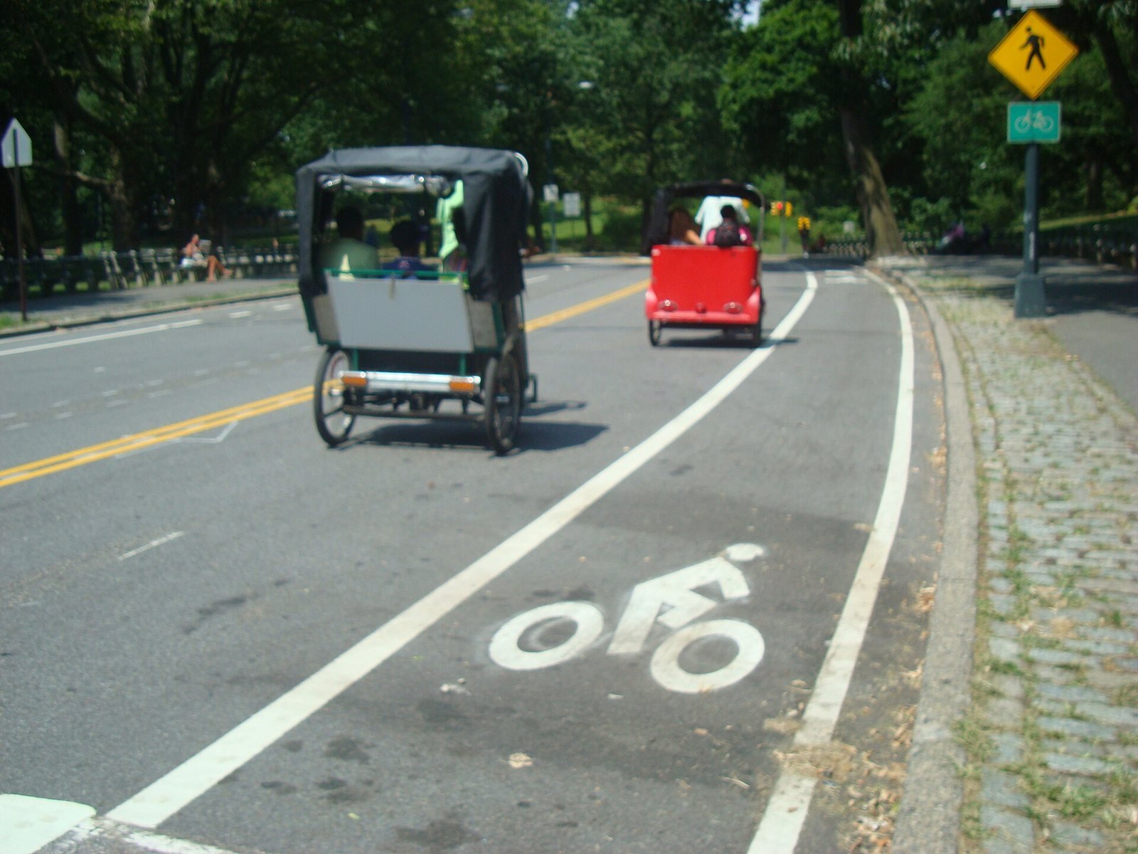 Dos bicitaxis recorren un camino de Central Park entre árboles