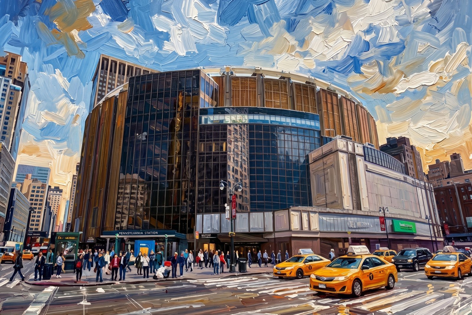 Pintura al óleo de Penn Station y Madison Square Garden, con taxis amarillos y gente en la banqueta