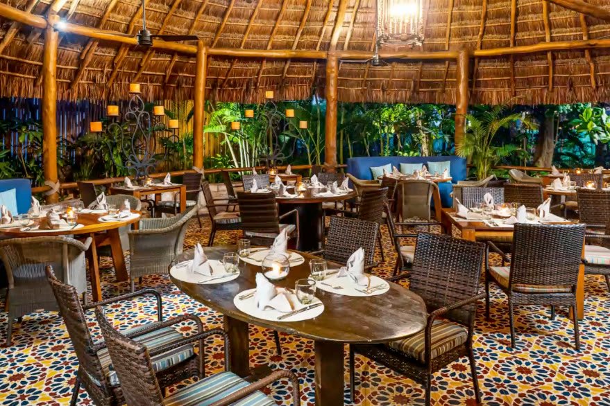 Restaurante Lúum bajo un techo de palma, rodeado de plantas