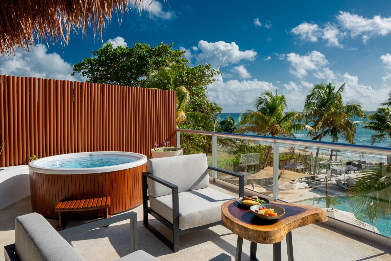 Terraza de la Presidential Suite con jacuzzi y vista al mar entre palmeras